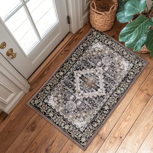 Lessymo 2 x 3 Entryway Rug, Machine Washable Area Rugs Boho Faux Wool Low Pile Area Rug for Bedroom, Floral Medallion Vintage Outdoor Rugs with Non-Slip Rubber,Black Brown - color: Black Brown, size: 2' x 3' (Rectangular)