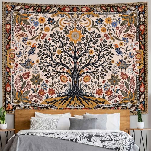 Lunerfex Folk Art Wall Tapestry - Tree of Life with Sun and Bird Wall Hanging for Bedroom and Living Room - Boho Floral Tapestries 48"x36" - color: Black Ivory, size: 48"L x 36"W