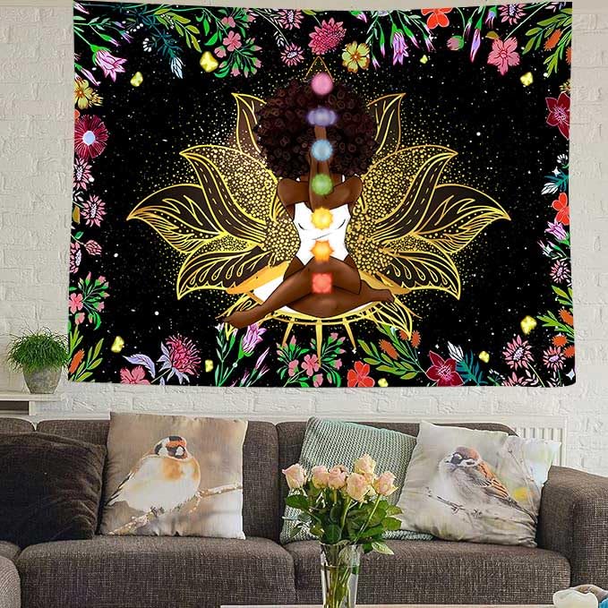 Ine Ive African Chakra Tapestry African American Woman Zen Meditation Poster Starry Sky Flower Garden Inspirational Afro Yoga Wall Art Tapestry for Bedroom Dorm Decor (90x84 inch) - size: 90"L x 84"W