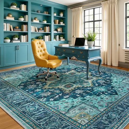 8x10 Turquoise Large Area Rugs for Living Room - Boho Teal Green Medallion Aesthetic Distressed Washable Rug, Soft Non-Slip Backing Low Pile Carpet for Dining Under Table, Bedroom, Office - color: Turquoise, size: 8' x 10' (Rectangular)