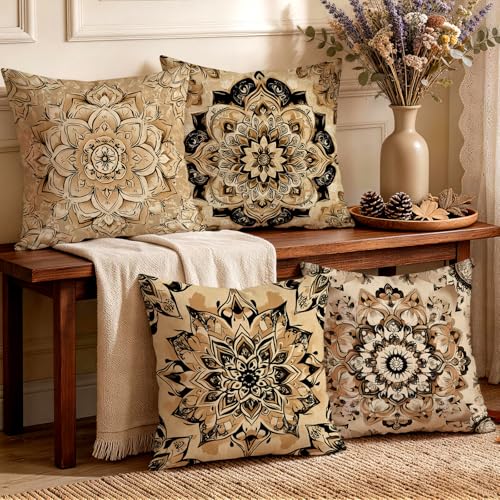 OBSEDE Black Beige Mandala Decorative Throw Pillow Covers 18x18 Set of 4 Faux Linen Cushion Cases Single-Sided Print Boho Geometric Accent Pillows for Living Room Sofa - color: Black Beige Mandala