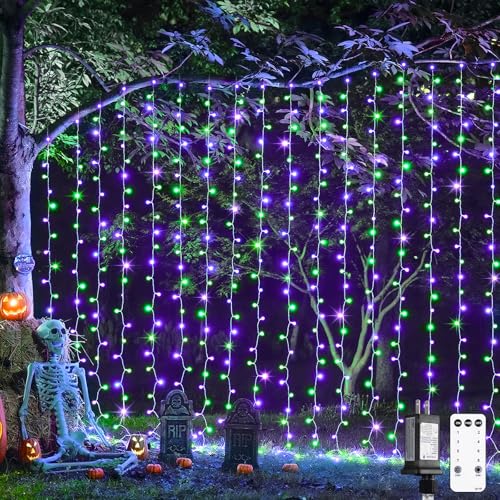 JMEXSUSS 300LED Halloween Curtain Lights with Remote, 9.8x9.8ft Halloween Lights Plug in, Christmas Twinkle Hanging String Light for Bedroom Wall Window Backdrop Indoor Outdoor Decor, Purple and Green - color: Purple ann Green, size: 300 LED