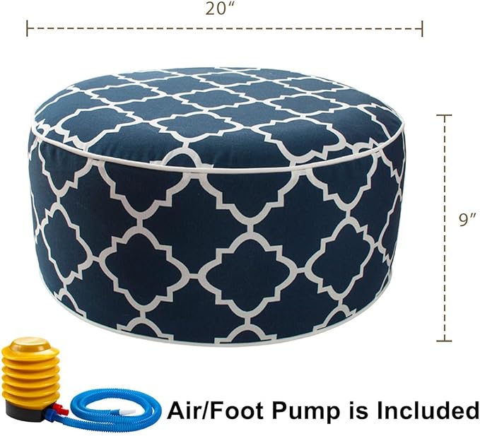 Outdoor/Indoor Inflatable Ottoman Pouf D20 xH9, All Weather Round Footstool with Foot Pump, Water Repellent Portable Footrest with Handle for Patio Garden Camping Travel-Blue Geometry