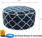 Outdoor/Indoor Inflatable Ottoman Pouf D20 xH9, All Weather Round Footstool with Foot Pump, Water Repellent Portable Footrest with Handle for Patio Garden Camping Travel-Blue Geometry