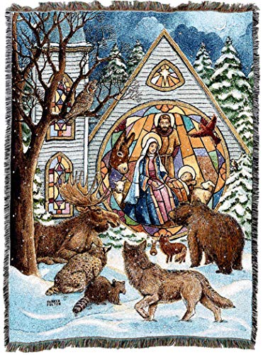 Pure Country Weavers Snowfall Nativity Blanket by Parker Fulton - Jesus Christ Manger with Animals Gift Christmas Tapestry Throw Woven from Cotton - Made in the USA (72x54) - color: Snowfall Nativity