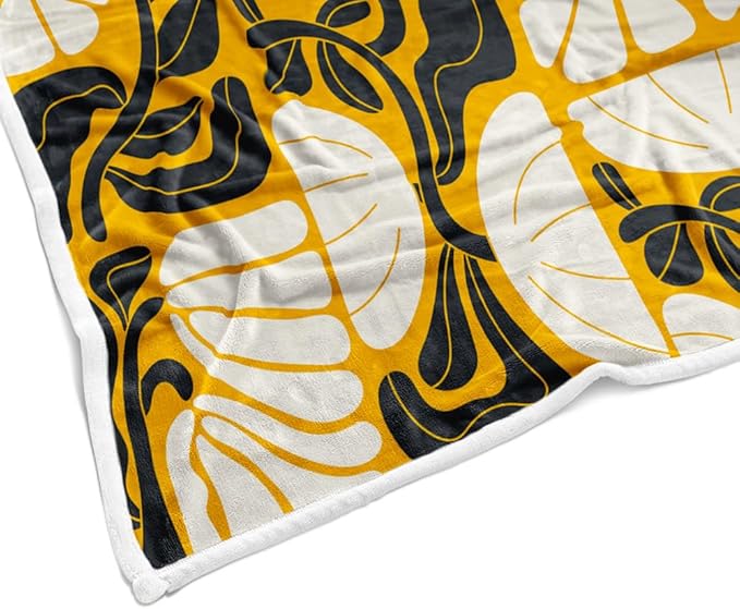 Boho Abstract Colorful Floral Throw Blanket, Vintage Retro Patchwork White Black Orange Flower Botanical Geometric Aesthetic Groovy Flannel Throw Blanket for Chair Bed Sofa Couch, 50X60IN