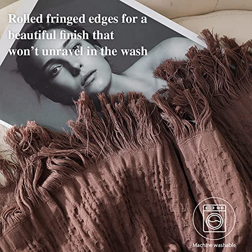 Simple&Opulence 100% Cotton Throw Blanket for Couch, Bed, Waffle Weave Cable Knit Blanket with Tassels, Soft Lightweight Pre-Washed Breathable Cozy Blanket Farmhouse Decoration for All-Season (Brown) - color: Brown