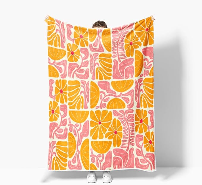 Boho Abstract Colorful Floral Throw Blanket, Vintage Retro Patchwork Orange Pink Flower Botanical Geometric Aesthetic Groovy Flannel Throw Blanket for Chair Bed Sofa Couch, 60X80IN