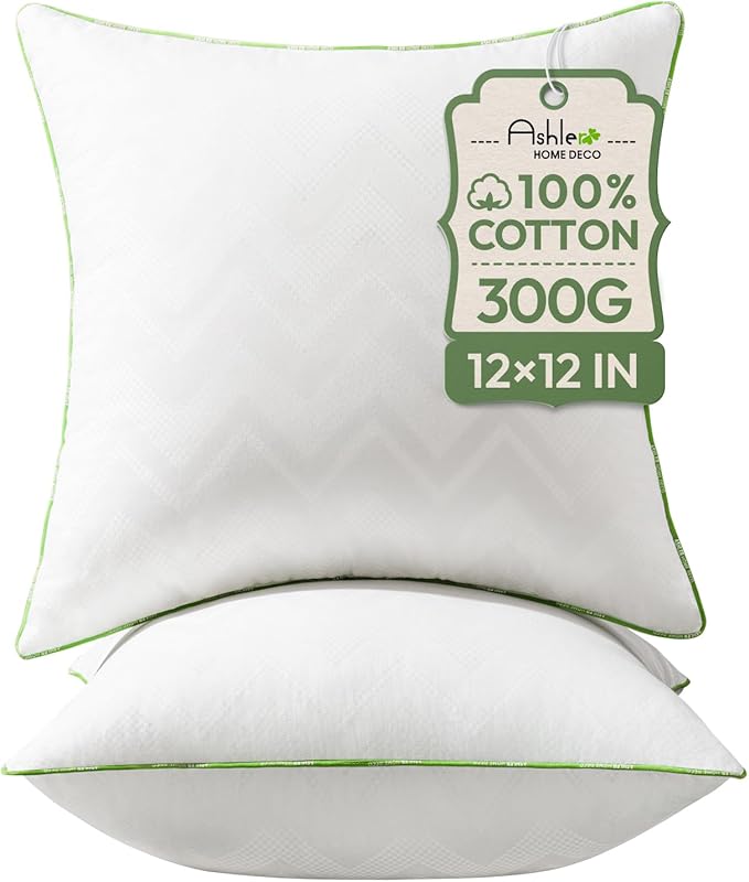 Ashler 12x12 Pillows Insert (Set of 2) - Throw Pillow Inserts with 100% Cotton Cover - Premium Fluffy Pillow Forms Stuffing Bedding Inserts -Decorative White Couch Pillow