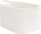 Goodpick White Woven Rope Basket with Handles, Medium Rectangle Basket for Books, Toys, Towels, Square Decorative Baskets for Living Room, Nursery, Shelf Baskets for Bedroom, 13" x 10" x 9"