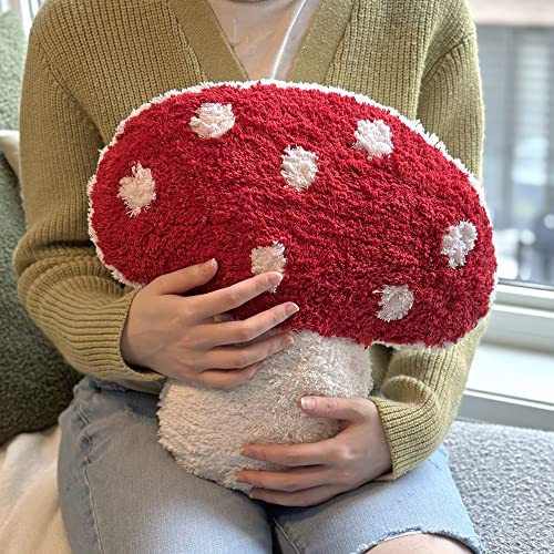 Mushroom Throw Pillow Tufted Shape Decorative Cushion 15” x 15” – Decor for Bed, Couch, Living Room (Red) - color: Red