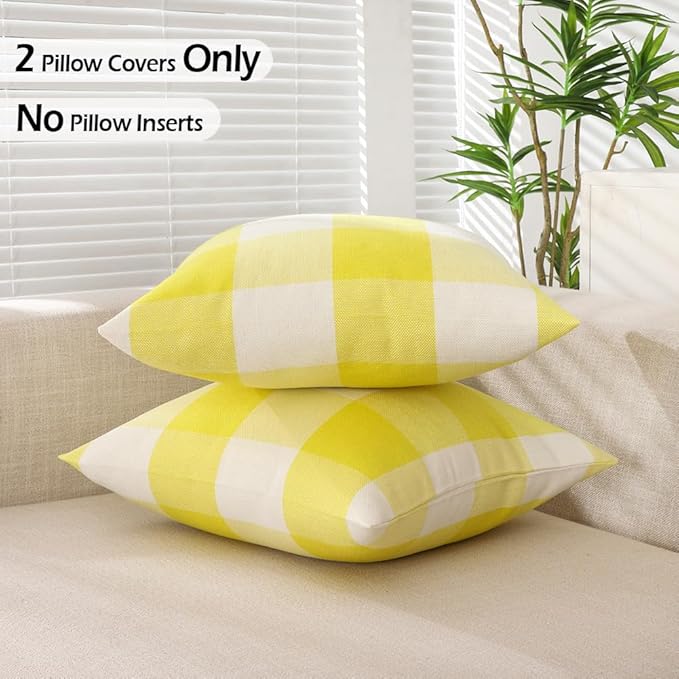 CARRIE HOME Yellow Plaid Throw Pillow Covers 20x20 Set of 2, Light Yellow Outdoor Checkered Decorative Couch Pillow Covers 20 x 20, Front and Back Porch Decor Pillows for Patio Furniture