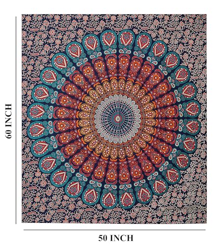 FURNISHFUL FINESSE Handmade Cotton Peacock Mandala Tapestry - Boho Wall Decor, Bohemian Hippie Room Hanging for Bedroom, Dorm & Living Room Aesthetic - 60x50 Inches, (Golden Blue) - color: Golden Blue, size: 60"L x 50"W