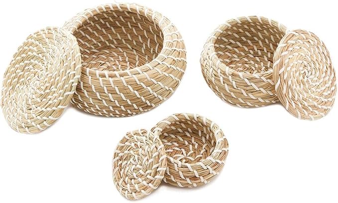 Set of 3 Seagrass Woven Round Wicker Basket Storage Bread Chip Snack Bowl - Braided Handwoven Natural Holder, weave seagrass container,Vintage Jar Bathroom Kitchen Storage