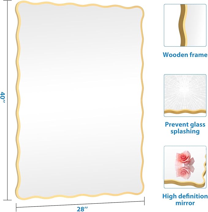 Gold Wavy Bathroom Mirror 28" x 40" Rectangle Scalloped Mirror for Wall Decor, Bathroom Vanity, Bedroom, Living Room, Entryway