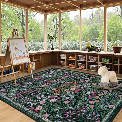 Area Rug Living Room Rugs: Floral 4x6 Washable Rug Vintage Soft Boho Non-Slip Carpet Indoor Floor Stain Resistant Large Carpets for Bedroom Dining Room Farmhouse Nursery Hallway Home Office Dark Green - color: Dark Green, size: 4' x 6' (Rectangular)