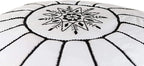 ARTOUARZAZATE Premium Moroccan Leather Pouf Cover - Round & Large Ottoman Footstool Cover with Embroidery - Cover ONLY - Perfect for The Living Room Bedroom, Kids Room, Gift & Wedding (White By Black)