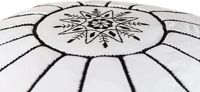 ARTOUARZAZATE Premium Moroccan Leather Pouf Cover - Round & Large Ottoman Footstool Cover with Embroidery - Cover ONLY - Perfect for The Living Room Bedroom, Kids Room, Gift & Wedding (White By Black)
