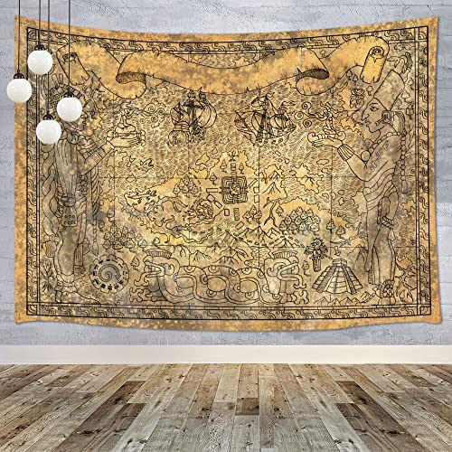 Ancient Mayan Civilization Tapestry - Vintage Aztec Map With Gods, Old Ships, Temple, Brown Symbols - Wall Hanging for Bedroom, Living Room, Dorm - Home Decor Mandala - 60X40 - color: Brown