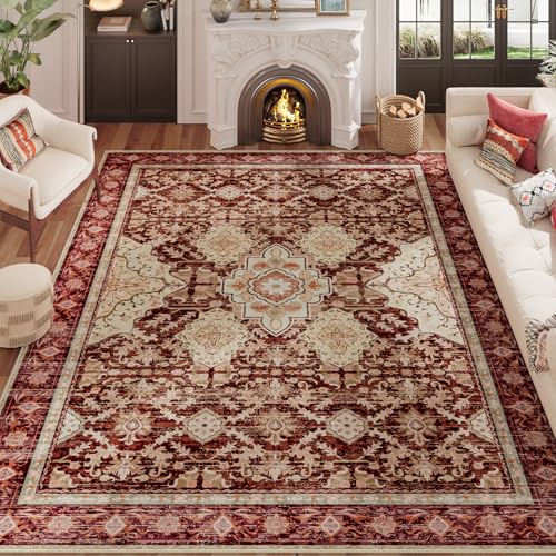 AMTOVO 8x10 Area Rugs for Living Room, Large Non-Slip Washable Rug, Boho Vintage Retro Medallion Print Pattern Carpet for Bedroom Dining Room Home Office Nursery Dorm Farmhouse, Vintage Red - color: Vintage Red, size: 8' x 10' (Rectangular)