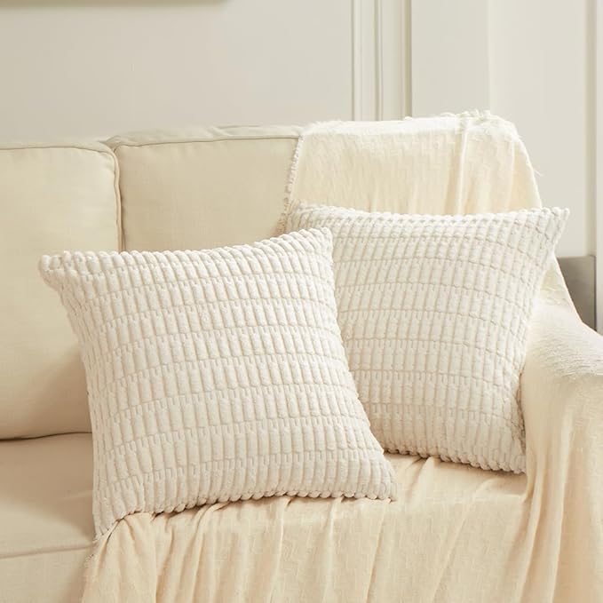 Fancy Homi 4 Packs Boho Cream Decorative Throw Pillow Covers 24x24 Inch for Living Room Couch Bed Sofa, Rustic Modern Farmhouse Home Decor, Soft Plush Corduroy Beige Cute Square Cushion Case 60x60 cm