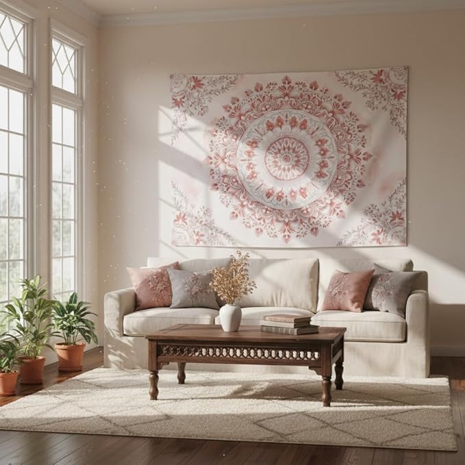 Accnicc Pink Floral Mandala Tapestry Wall Hanging Boho Medallion Tapestry Aesthetic Watercolor Flower Cute Large Tapestries for Bedroom Living Room Dorm Decor 80 x 60 Inch