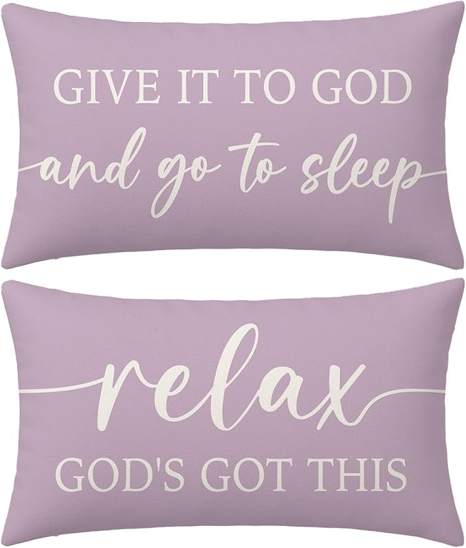 Dusty Lavender Purple Pillow Covers 12x20 Inch Set of 2 – Christian Gifts for Women – Give It to God and Go to Sleep/Relax God’s Got This – Decorative Lumbar Case for Girls’ Room