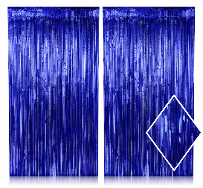 2 Pack Dark Blue Metallic Foil Fringe Curtain Backdrop Streamers 3.2ft x 6.4ft. Party Decoration for Birthday, Wedding, New Years Eve, Graduation, Baby Shower - color: Blue
