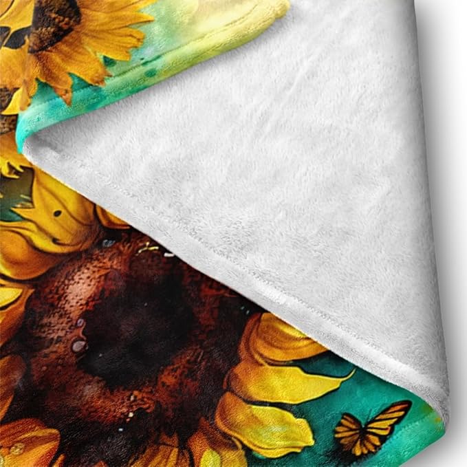 Sunflower Throw Blankets for Couch,Farmhouse Wildflower Blankets Green Butterflies Insect Floral Design Cozy Luxury Rustic Yellow Flower Blue Teal Flannel Bed Blanket for Women Girl 60"x80"