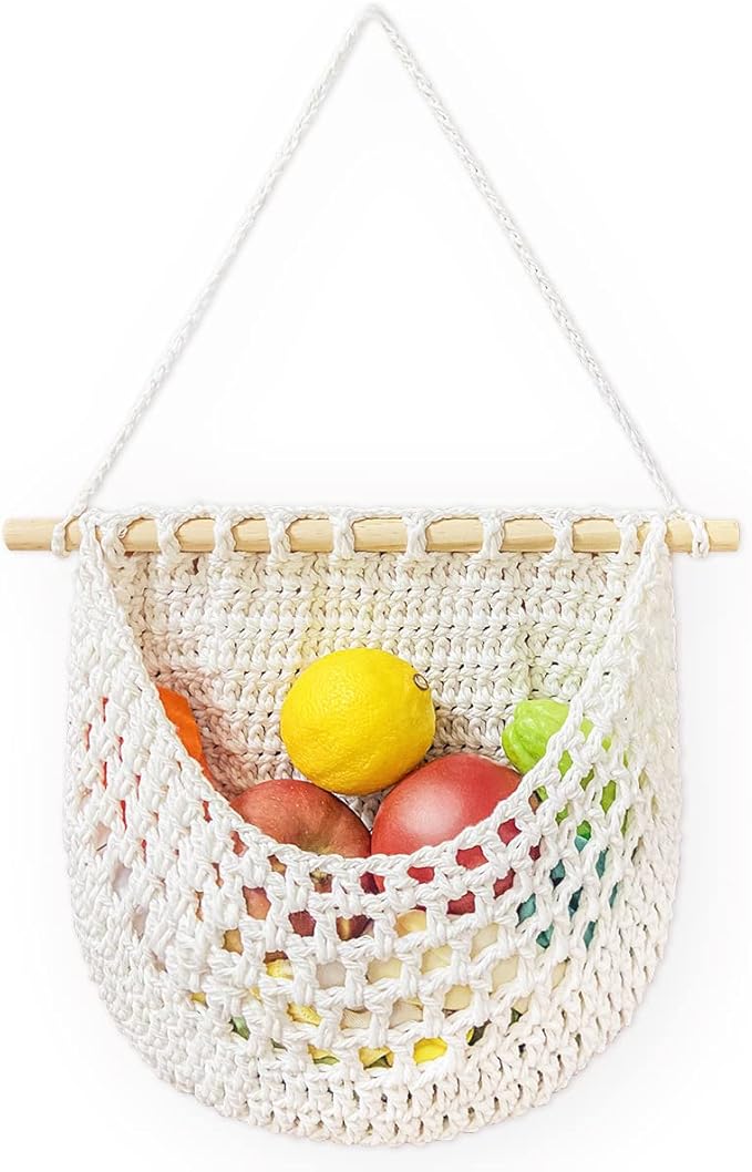Hanging Fruit Basket Handmade Boho Cotton Rope Wall Hanging Basket Over Door Storage Woven Baskets for Kitchen and Bedroom to Store Any Small Stuffe (1, white)