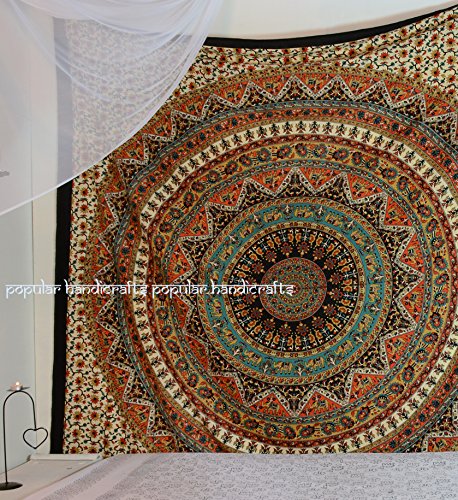 Popular Handicrafts Wall Hanging Tapestry For Bedroom Hippie Mandala Bohemian Psychedelic Intricate Floral Design Indian Bedspread Magical Thinking Tapestry 84x54 Inches,(215x140cms) Green Orange - color: Green Orrange, size: 84"L x 54"W