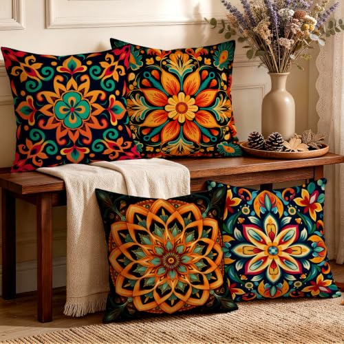 OBSEDE Boho Mandala Throw Pillow Covers 18x18 Set of 4, Farmhouse Decor for Home Couch Sofa Living Room, Rustic Floral Decorative Cushion Cases - color: Boho Mandala