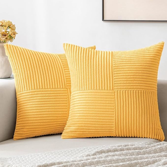 MIULEE Yellow Decorative Throw Pillow Covers 20x20 Inch for Couch Bed Sofa Pack of 2 Boho Farmhouse Throw Pillows Soft Cross Corduroy Patchwork Textured Cushion Cases