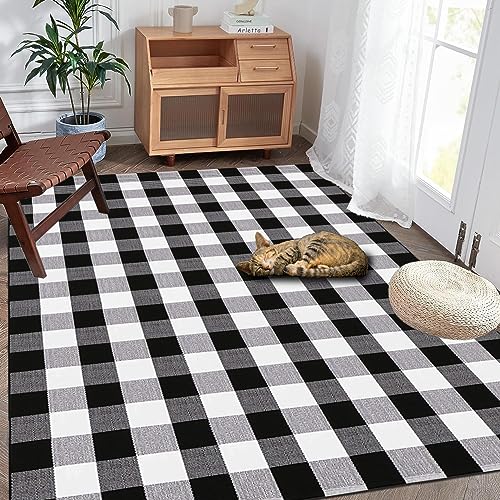 Buffalo Plaid Rug 5' x 7' Black and White Check Rug Washable Checkered Area Rug for Farmhouse/Entryway//Living Room/Laundry Room/Bedroom (5'x7', Black and White Plaid) - size: 5'x 7'