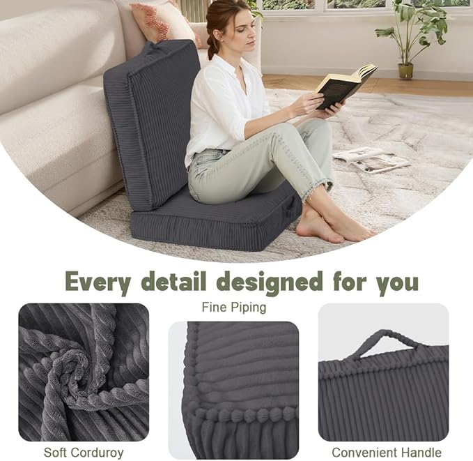 Floor Pillow for Adults Set of 2, 4" Square Floor Cushions with Washable Cover, Large Corduroy Meditation Pillow, 24 inches Tatami Seat with Handle for Living Room or Yoga, Dark Grey
