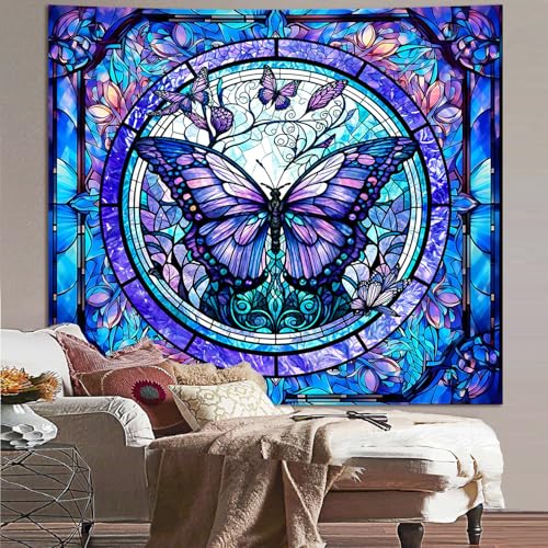 Stained Glass Butterfly Tapestry Wall Hanging Botanical Floral Plant Wall Art Moth Wall Tapestry Aesthetic Vintage Butterfly Flowers Decor for Home Decor Bedroom Living Room Dorm Decor 59x51in - color: S03-Butterfly