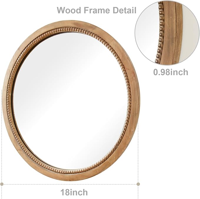sawsile Round Wood Mirror,18 inch Circle Rustic Farmhouse Natural Wooden Frame Boho Beads Wall Mirror for Bathroom,Living Room,Bedroom or Entryway