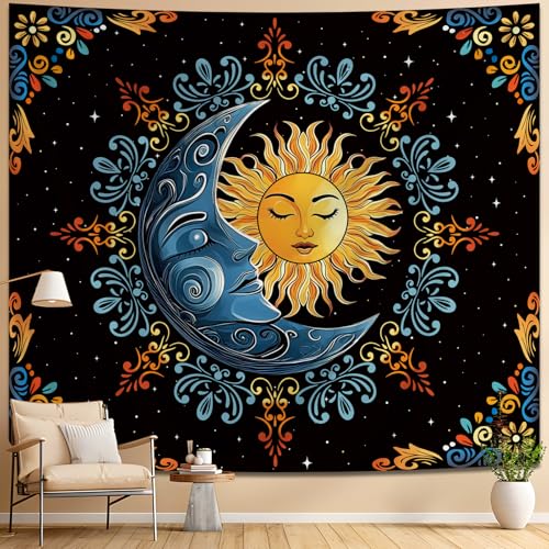 Tichgeim Sun and Moon Tapestry Wall Hanging, Boho Hippie Vintage Celestial Starry Sky Tapestries, Flower and Stars Wall Decor for Bedroom Living Room and Dorm 51in × 60in - color: Sun and Moon Tapestry, size: 60"L x 51"W