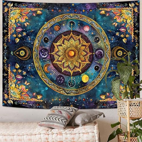 Lunerfex Mandala Solar System Tapestry Boho Tapestry for Bedroom Galaxy Tapestries Wall Hanging Living Room Wall Art and Home Decor 44x60 - color: Blue, size: 60"L x 44"W