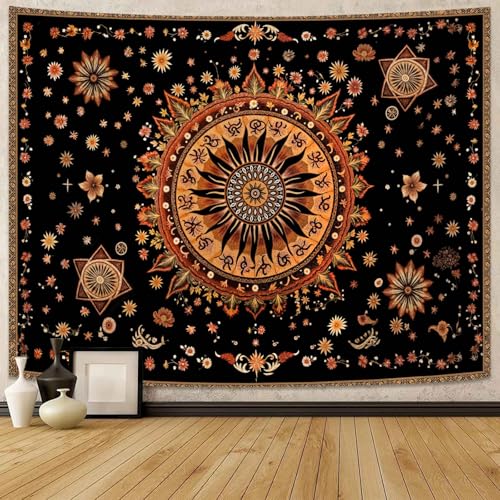 Kanuyee Mystical Sun Mandala Tapestry, Bohemian Celestial Wall Tapestry, Vintage Sunburst Tapestries for Room Decor, Artistic Tapestries 80"x60" - color: Brown Orange, size: 80"L x 60"W