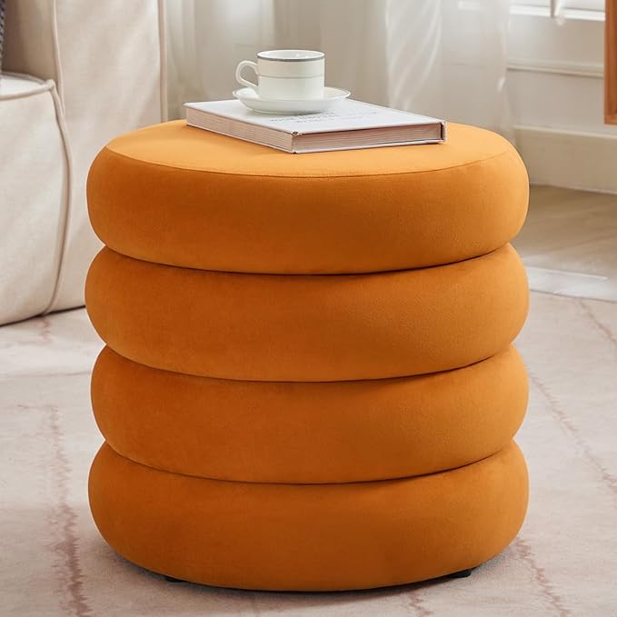 Compact Round Ottoman with Storage, Small Velvet Vanity Stool for Dorm, Modern Tufted Circle Ottoman with Removable Lid for Entryway and Lounge, Orange
