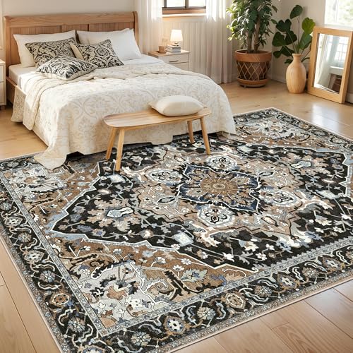6x9 Area Rug Washable Non-Slip - Large Boho Farmhouse Living Room Rug with Low Pile - Machine Washable Indoor Carpet with TPE Backing, Vintage Bedroom Dining Room Decor, Black/Multi - color: Black & Multi, size: 6' x 9' (Rectangular)