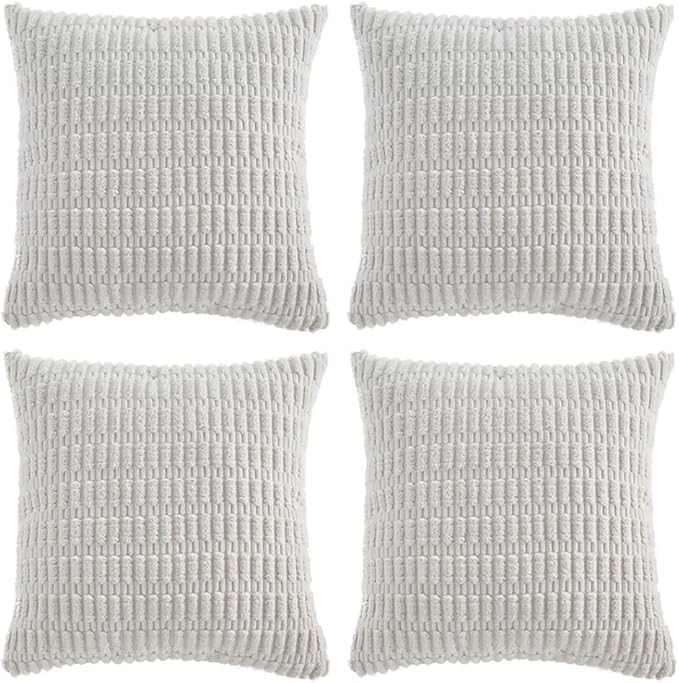 Fancy Homi 4 Packs Pure White Decorative Throw Pillow Covers 22x22 Inch for Living Room Couch Bed, Rustic Modern Farmhouse Boho Home Decor, Soft Plush Corduroy Cute Accent Square Cushion Case 55x55 cm