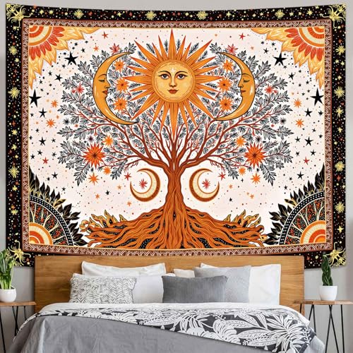 Spenlife Tree of Life Tapestry, Sun and Moon Celestial Tapestries for Bedroom, Boho Wall Decor, Witchy Tapestries (60" x 44") - color: Green White, size: 60"L x 44"W