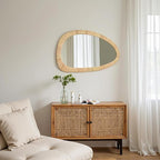 sawsile Rattan Mirror,30x20 Irregular Boho Bathroom Rattan Farmhouse Wicker Asymmetrical Wood Wall Mirror for Nursery,Bathroom,Living Room,Washroom