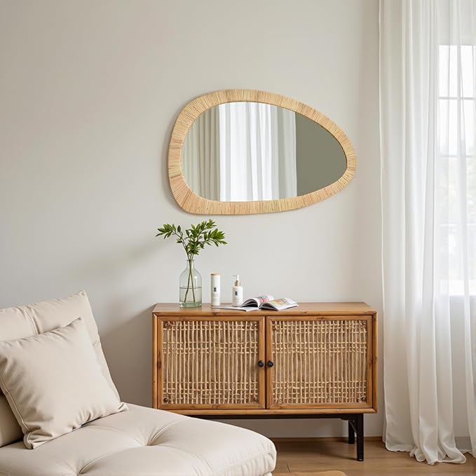 sawsile Rattan Mirror,30x20 Irregular Boho Bathroom Rattan Farmhouse Wicker Asymmetrical Wood Wall Mirror for Nursery,Bathroom,Living Room,Washroom