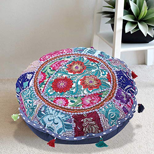 Indian Yoga Throw Pillows for Bedroom Vintage Patchwork Cushion Cover Grey 18x18 Decorative Round Decor Seating Tuffet Seat Pouf Cover Footstool Cotton Embroidered 1 Pc - color: Grey