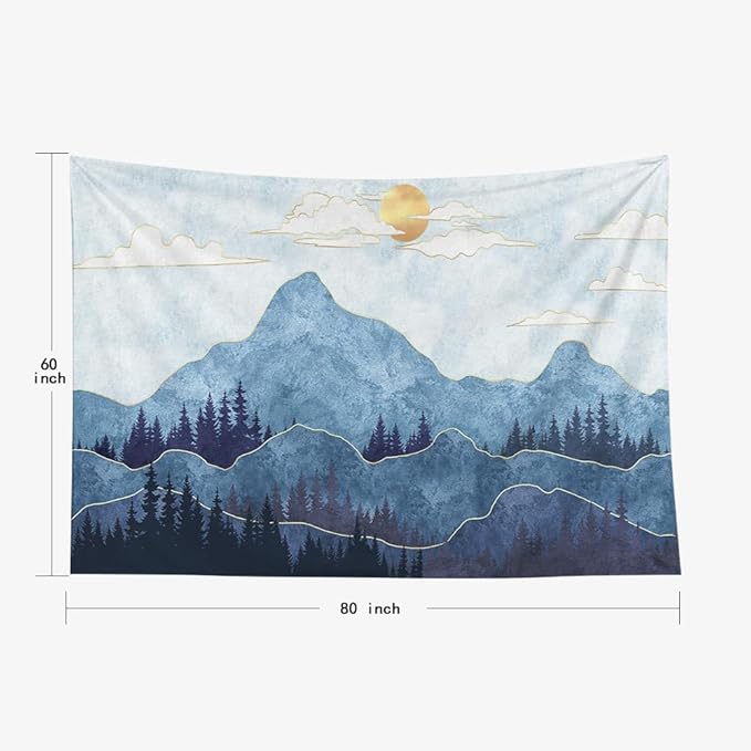 EMMTEEY Mountain Tapestry Wall Hanging - Mountains Trees With Gold Sun, 80X60 Big, Christmas Party Decoration, Aesthetic Room Decor