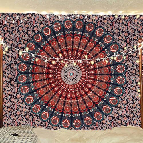 Bless International Handmade Indian hippie Bohemian Psychedelic Peacock Mandala Wall hanging College Dorm Beach Throws Table Cloth Bedding Tapestry (Blockbuster, Twin(54x72Inches)(140x185cms)) - color: Blockbuster, size: 72"L x 54"W
