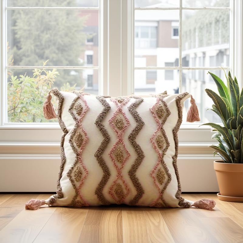Andreannie Pack of 2 Boho Tufting Throw Pillow Cover Embroidered Textured Cushion Cover with Tassels Soft Home Decororative for Couch Sofa 18x18 inch (Pink, 18x18 inch) - color: Pink